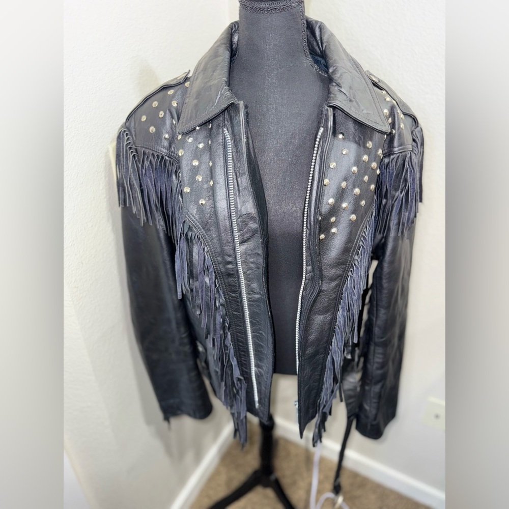 Vintage AMI London Fringe Leather Jacket Studded Western Cowgirl Biker Rocker-L
